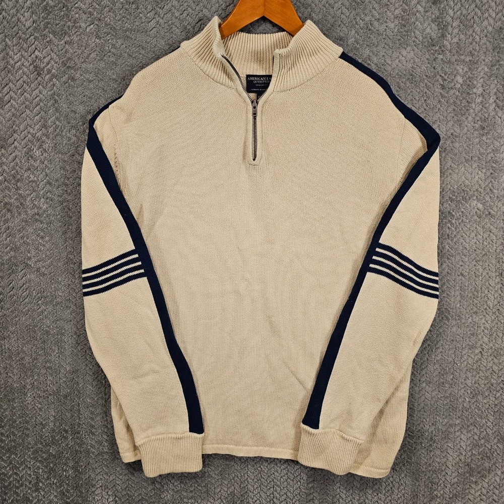 American Eagle Mens XXL Quarter Zip Sweater Cream Navy Blue Stripe Cotton Knit
